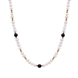 Blue Tiger Eye Beaded Pearl Necklace (Gold)