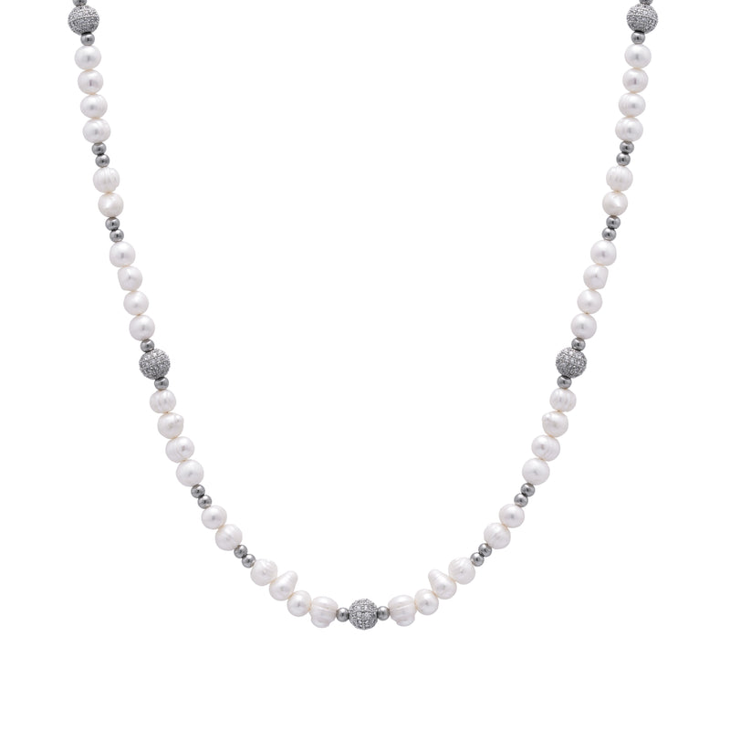 Iced Beaded Pearl Necklace (Silver)